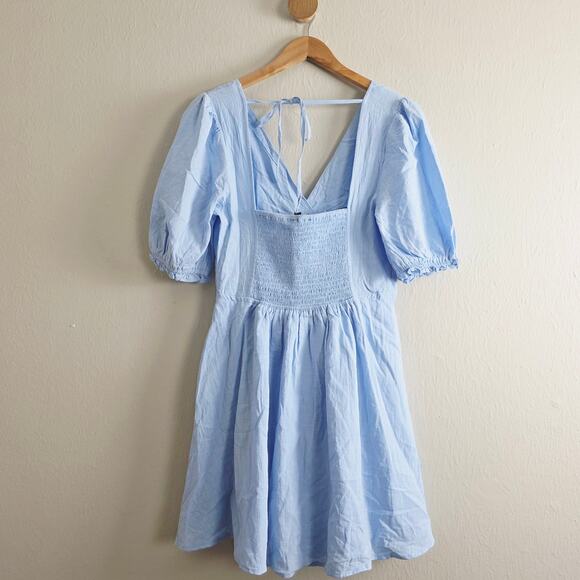 Lulus Dreaming of Paris Blue Puff Sleeve Mini Dress - Cotton Skater Pockets L - Picture 10 of 13